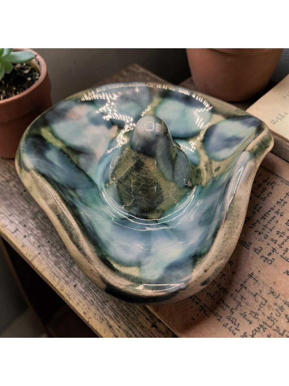 Vintage Dryden Art Pottery Trinket Dish Green & Blue Glaze 4.5"x1.25" Signed